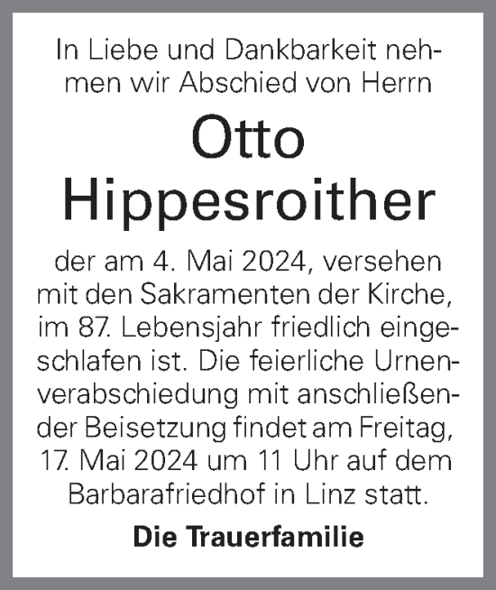 Traueranzeige von Otto Hippesroither von OÖNachrichten